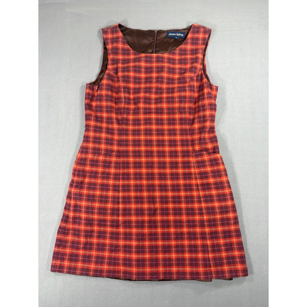 Princess Highway Plaid Shift Dress Women 12 Orange Retro Pockets PGFM381